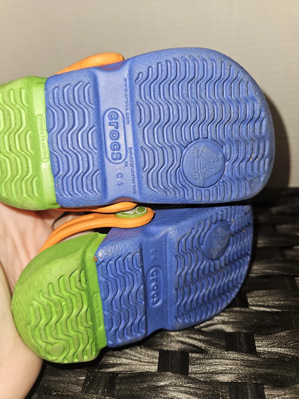 CROCS Kids Clog in Blue with Orange Strap and Green Footbed